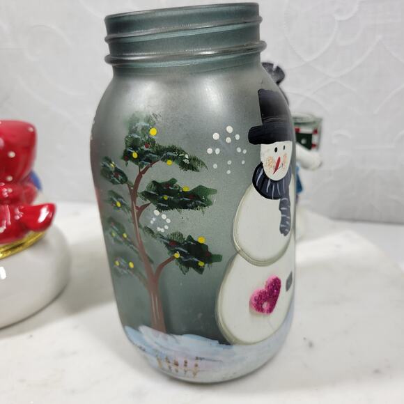 VTG Snowman Lot Yankee Candle Jar Light Holder Couple Hinged Trinket Box 1999 - Picture 2 of 16